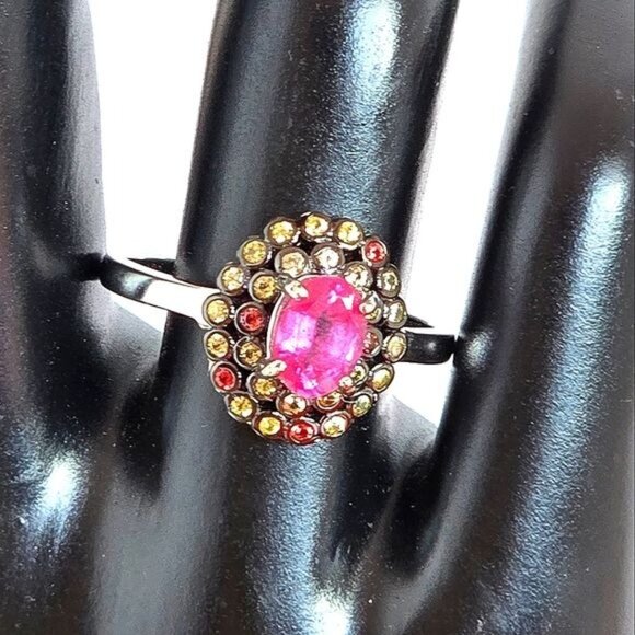 925 Sterling Silver with Natural Ruby 7x5mm & Sapphire Ring Sz 8.25 - Picture 7 of 7